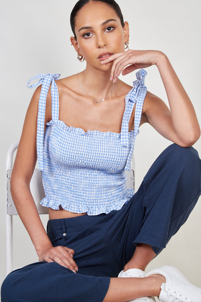 Blue gingham ruched tie strap tank_1