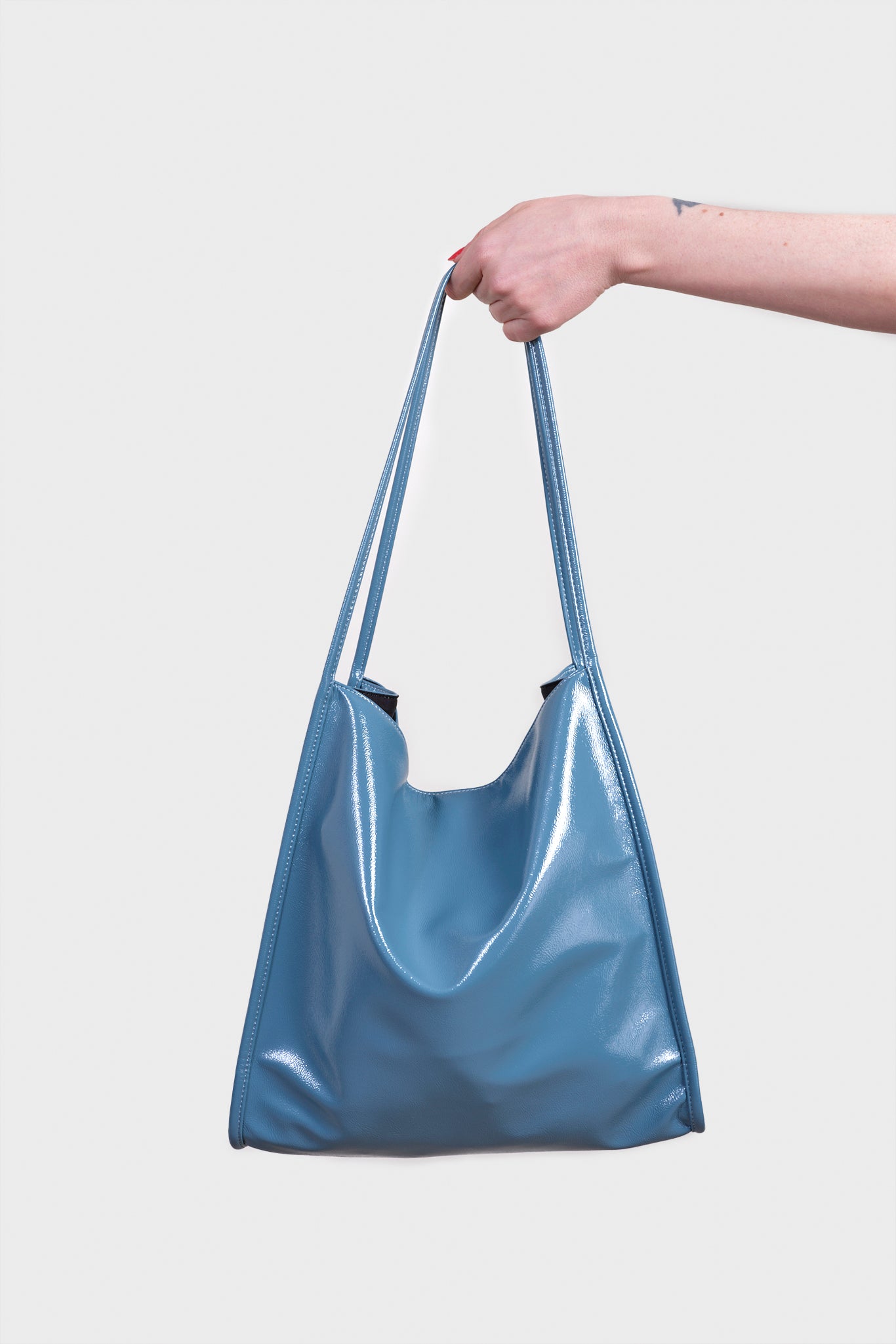 Blue grey high shine PVC tote bag