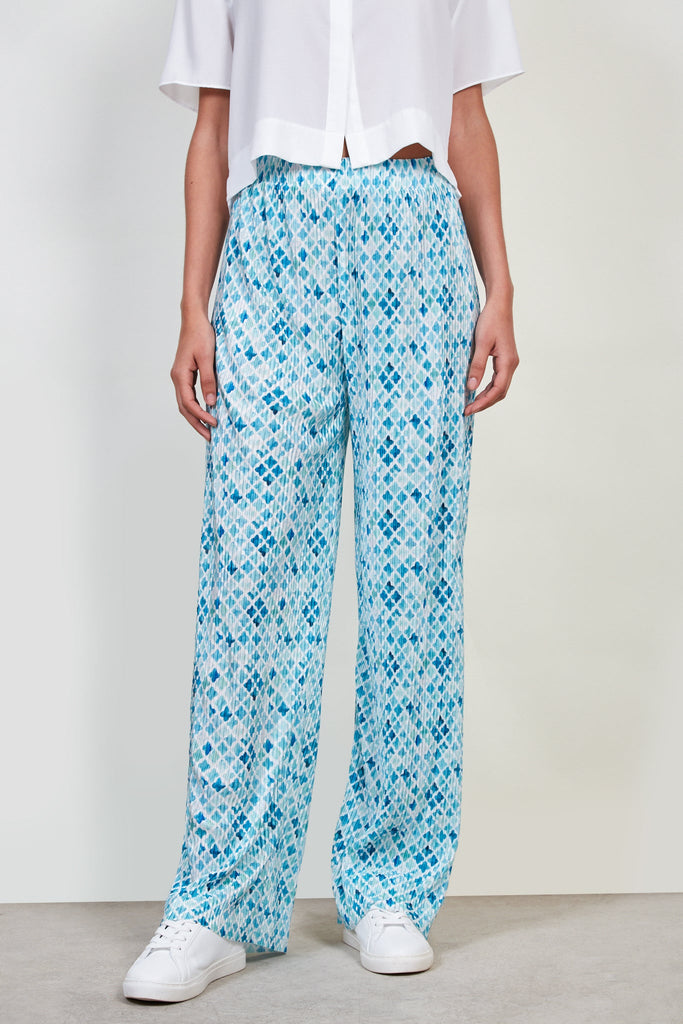 Blue printed micro pleat trousers_1