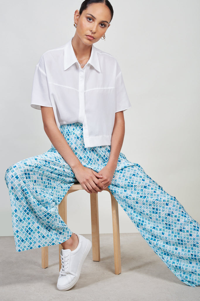 Blue printed micro pleat trousers_2
