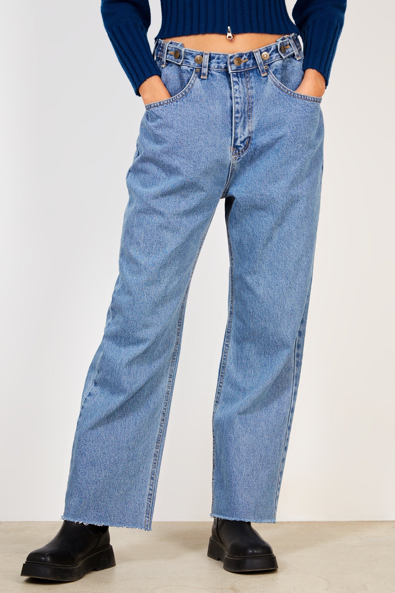 Blue washed denim button adjustable waist jeans