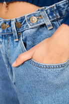 Blue washed denim button adjustable waist jeans_4