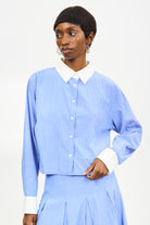 Bright blue and white stripe contrast collar shirt_1