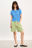 Bright blue cable knit short sleeved cardigan top_4