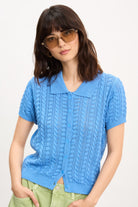 Bright blue cable knit short sleeved cardigan top_1
