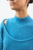 Bright blue cold shoulder mock neck jumper_3