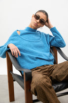 Bright blue cold shoulder mock neck jumper_5