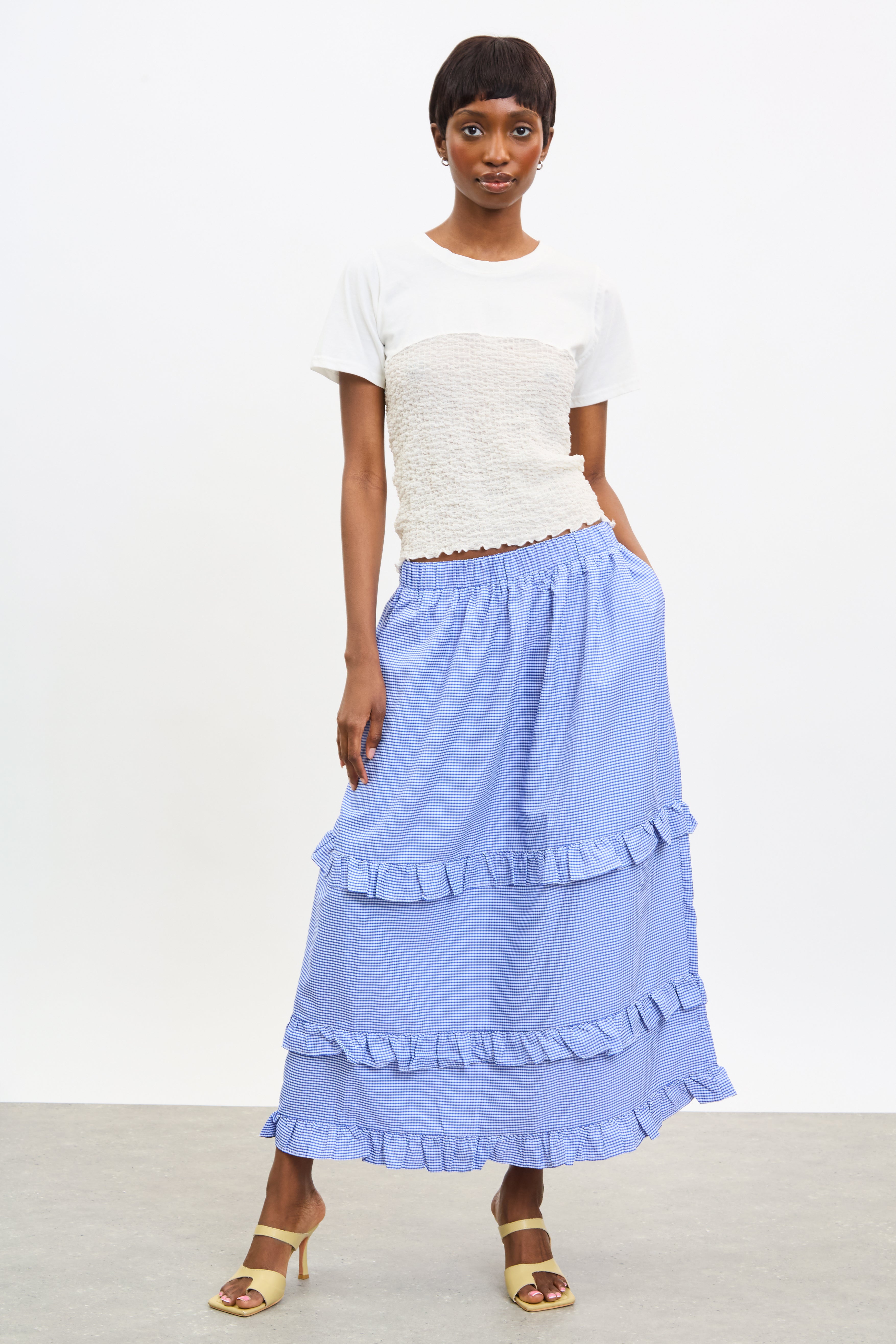 Bright blue gingham tiered ruffle trim skirt Glassworks London