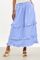 Bright blue gingham tiered ruffle trim skirt_1