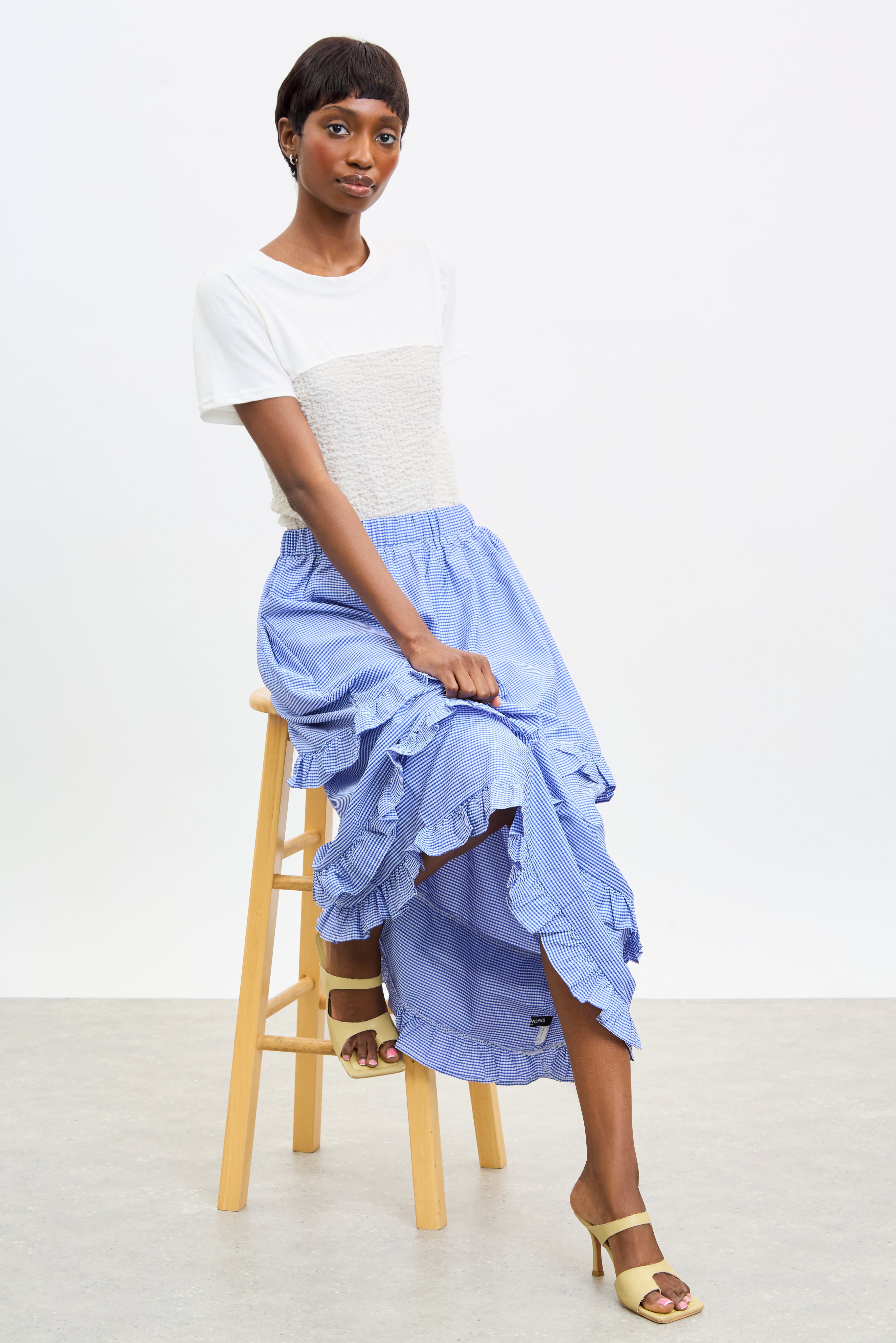 Bright blue gingham tiered ruffle trim skirt | Glassworks London
