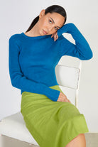 Bright blue ribbed knit peek back top_5