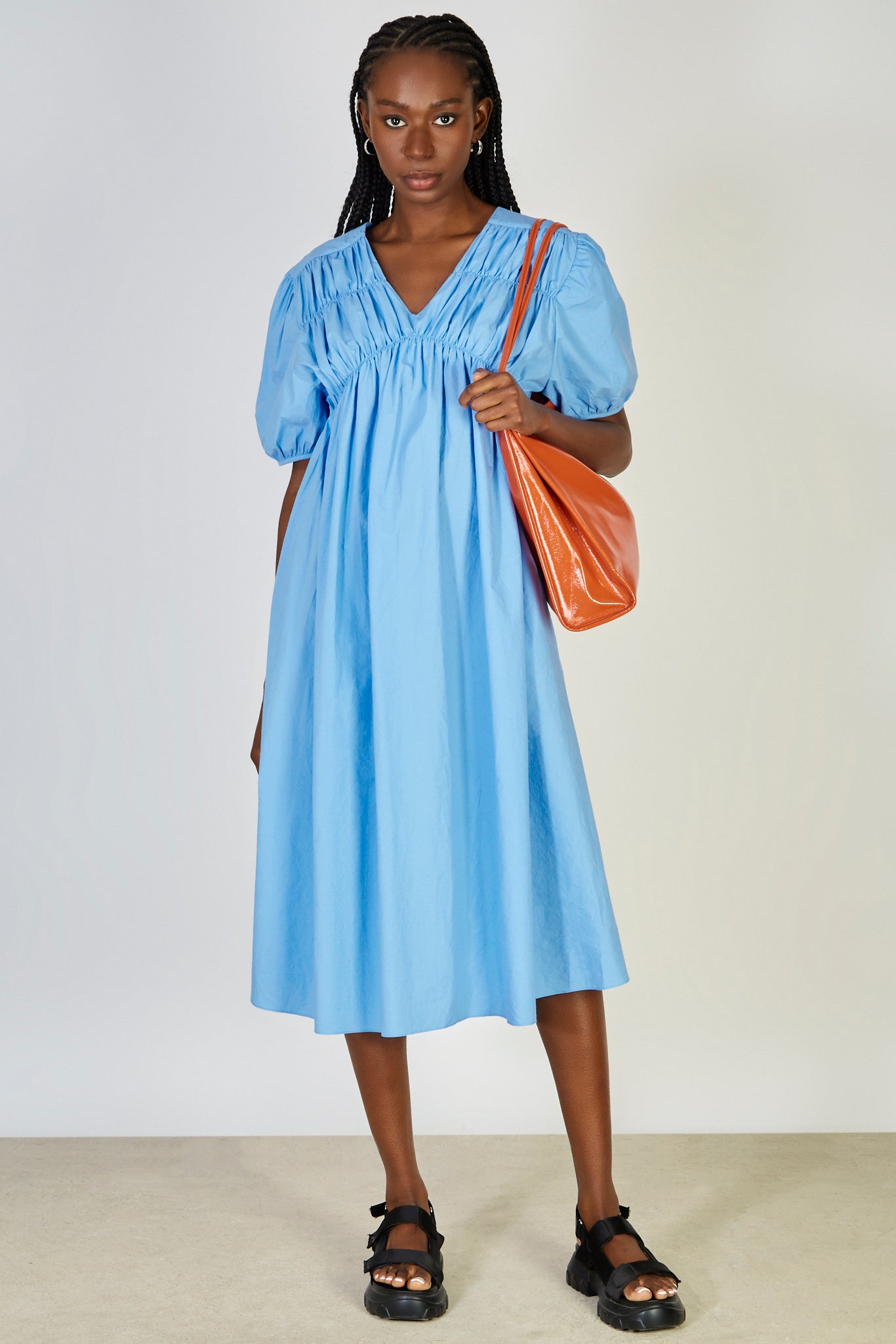 Bright blue ruched seam V neck dress_1