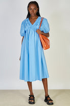 Bright blue ruched seam V neck dress_1