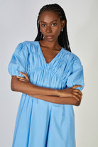 Bright blue ruched seam V neck dress_2