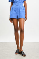 Bright blue smart belted shorts_1