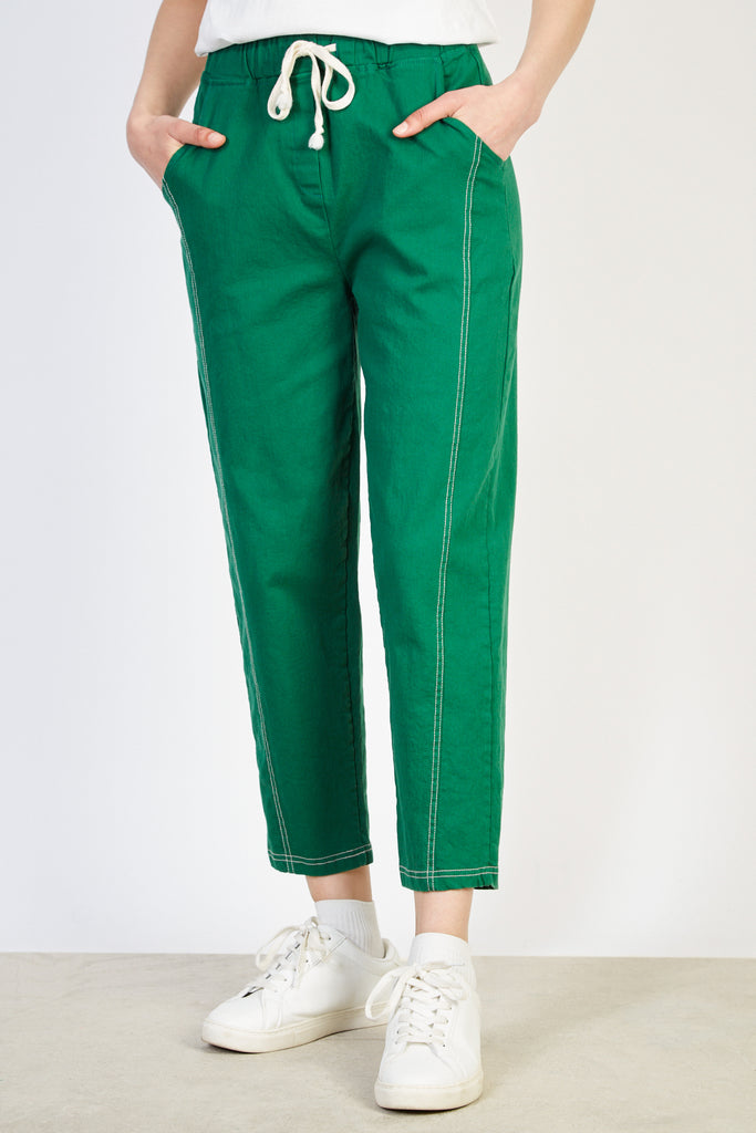 Bright green contrast stitch drawstring trousers_1