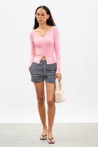 Bright pink button up knit top_4
