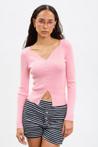 Bright pink button up knit top_1