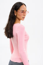 Bright pink button up knit top_2