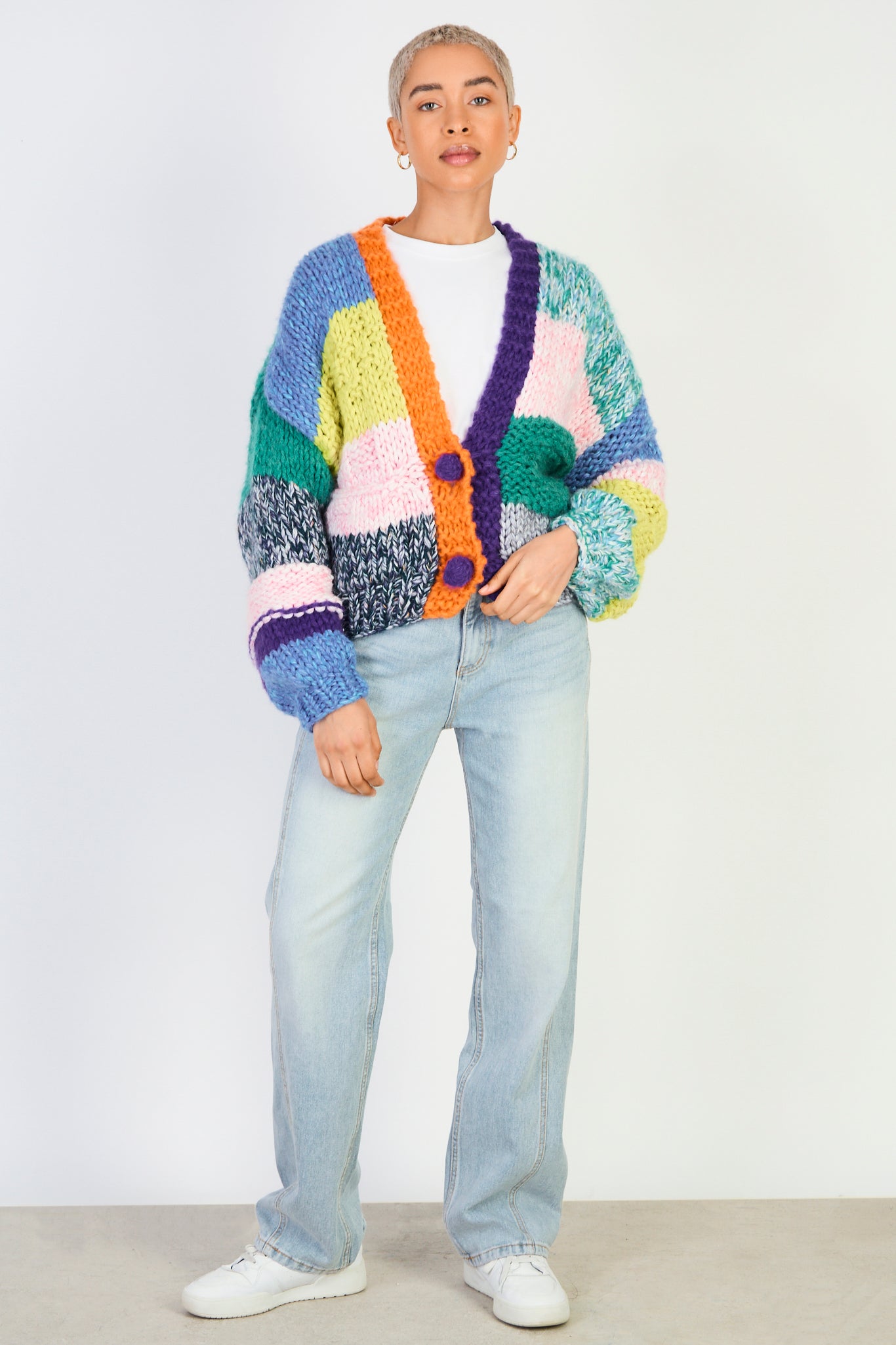 Bright rainbow patchwork cardigan