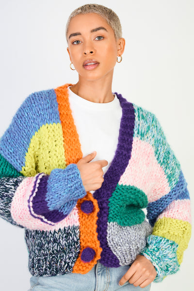 Bright rainbow patchwork cardigan | Glassworks London