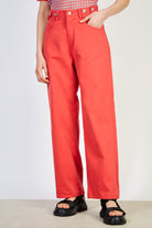 Bright red adjustable waist double button jeans_1