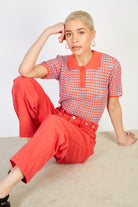 Bright red adjustable waist double button jeans_4