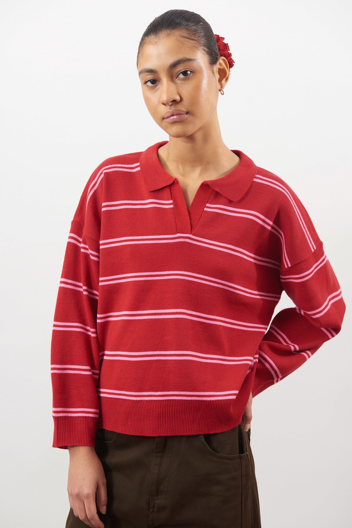 Bright red and pink double striped rugby jumper_1