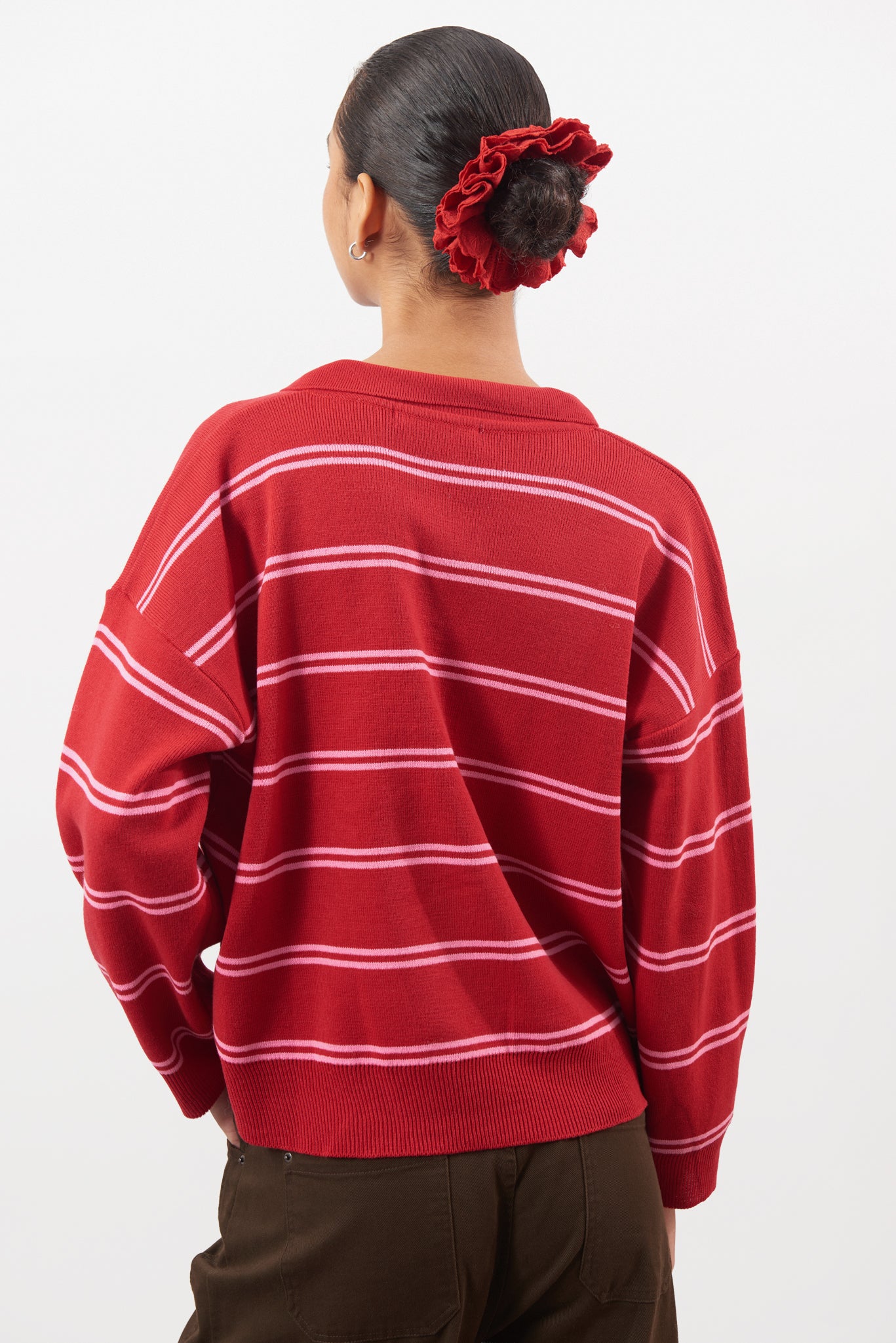 Bright red and pink double striped rugby jumper_2
