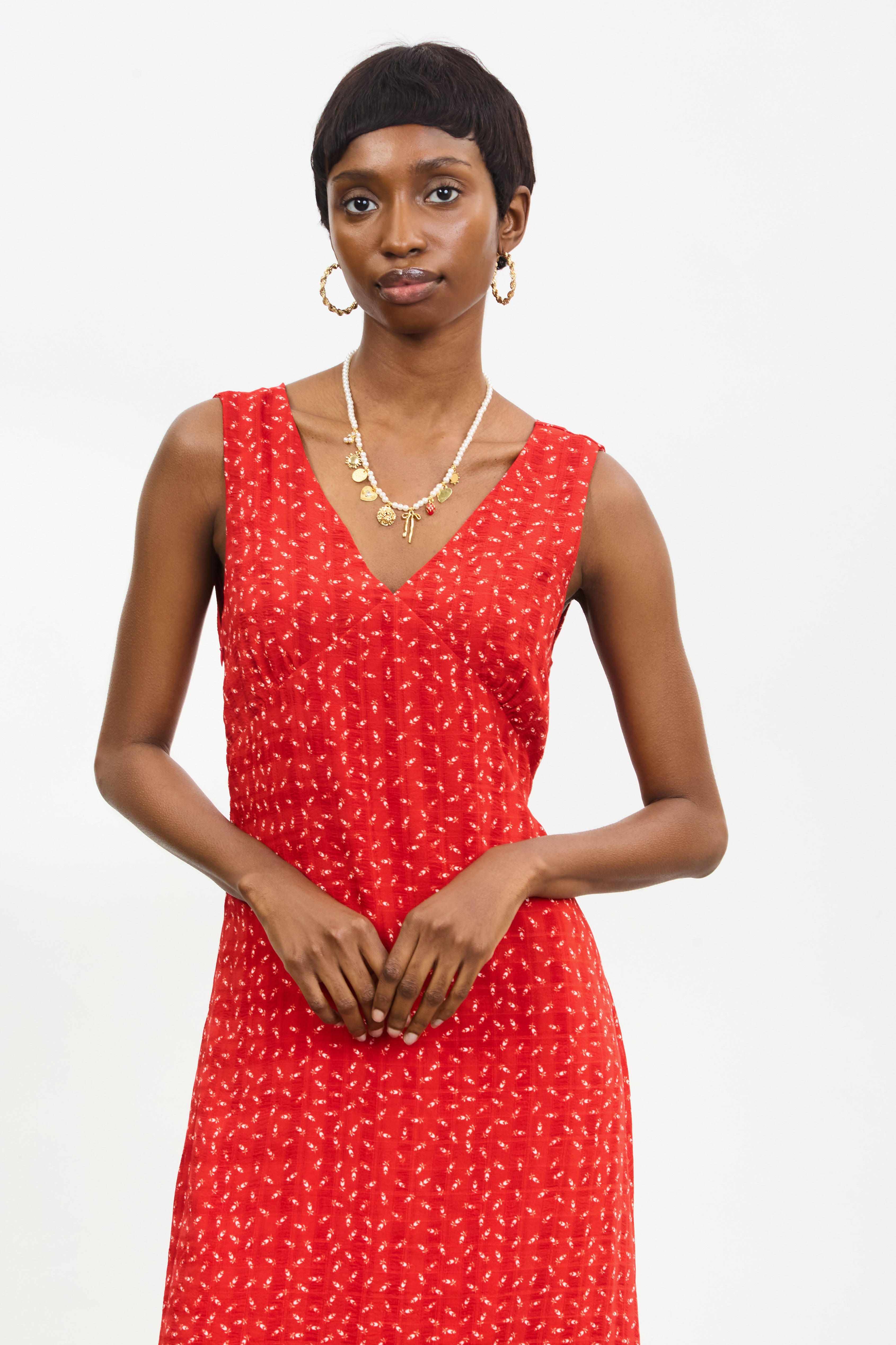 Bright red and white floral print tie back dress_3