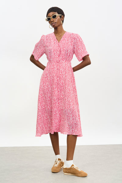 bright red midi dress Boardwalk Chic Ric-Rac Midi Dress in Red