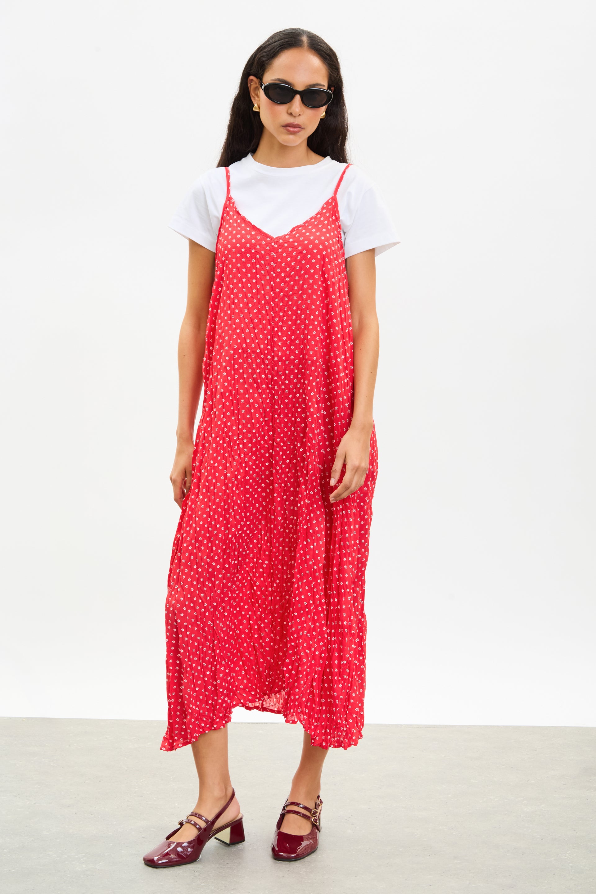 bright red midi dress Glassworks London Bright Red And White Tiny Floral Print Wrinkle Dress