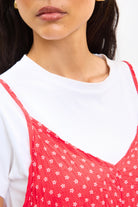 Bright red and white tiny floral print wrinkle dress_4