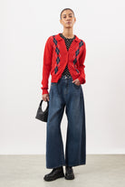 Bright red argyle collared cashmere wool blend cardigan_4