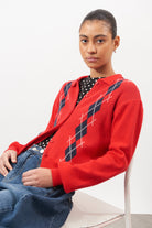 Bright red argyle collared cashmere wool blend cardigan_5