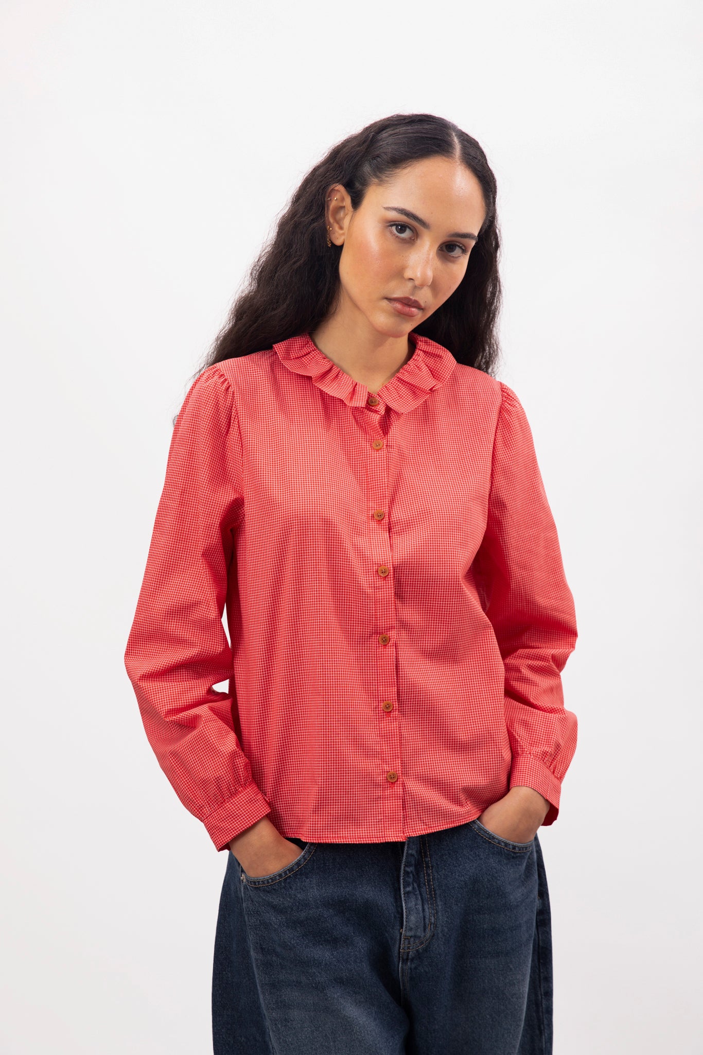 Bright red small ruffle collar blouse_2