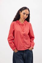 Bright red small ruffle collar blouse_2