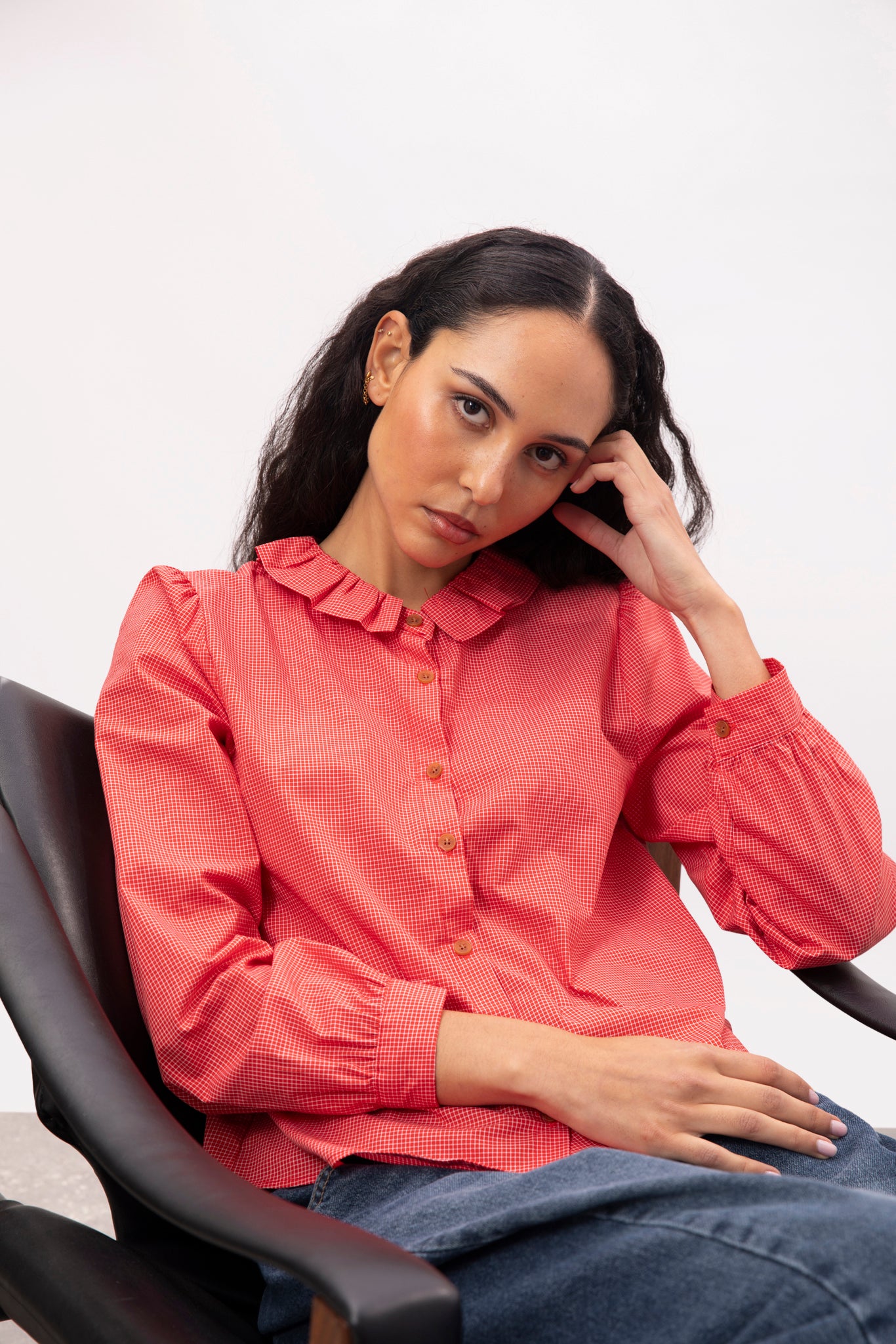 Bright red small ruffle collar blouse_1