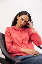 Bright red small ruffle collar blouse_1