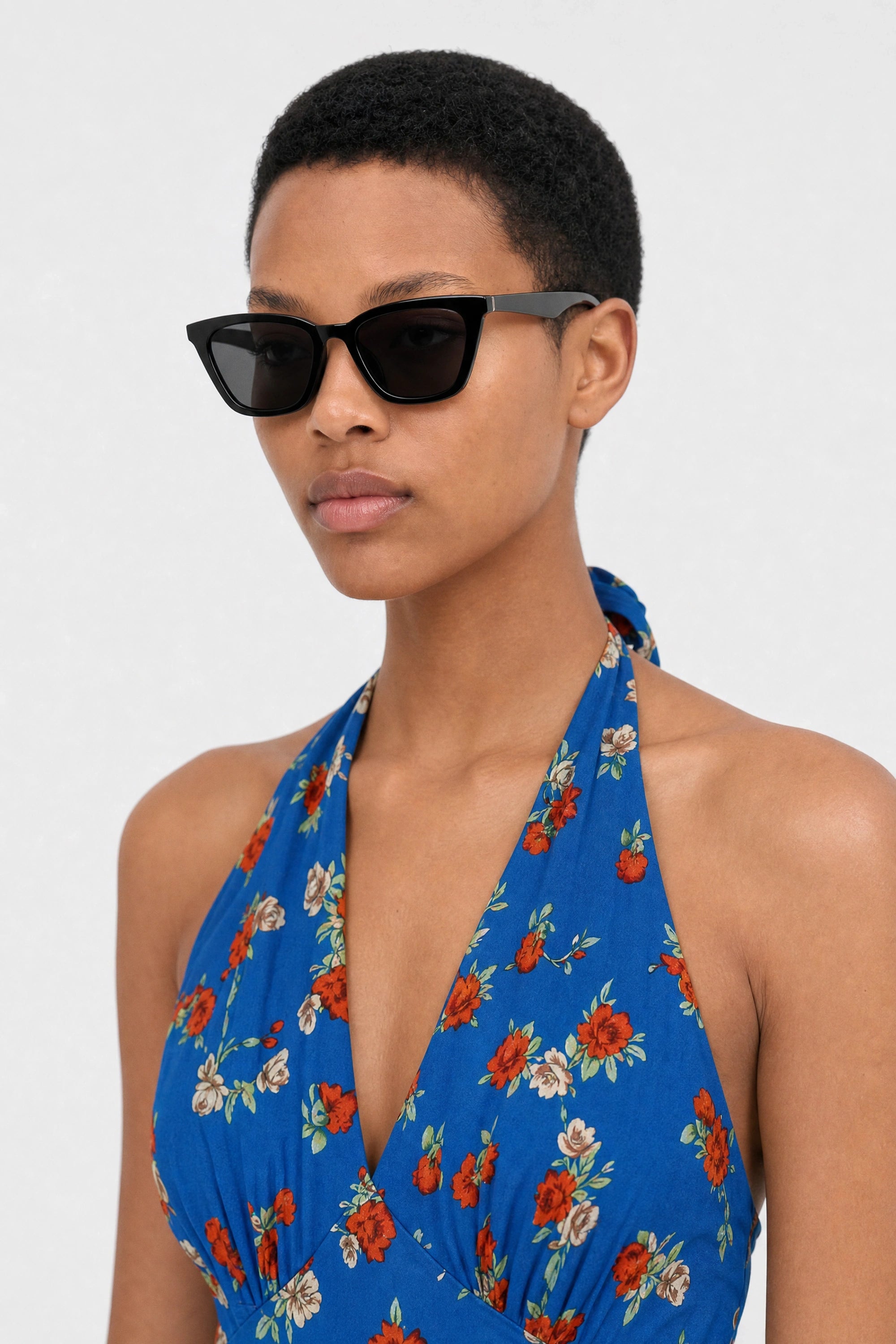 Bright blue and red rose print halter dress_4