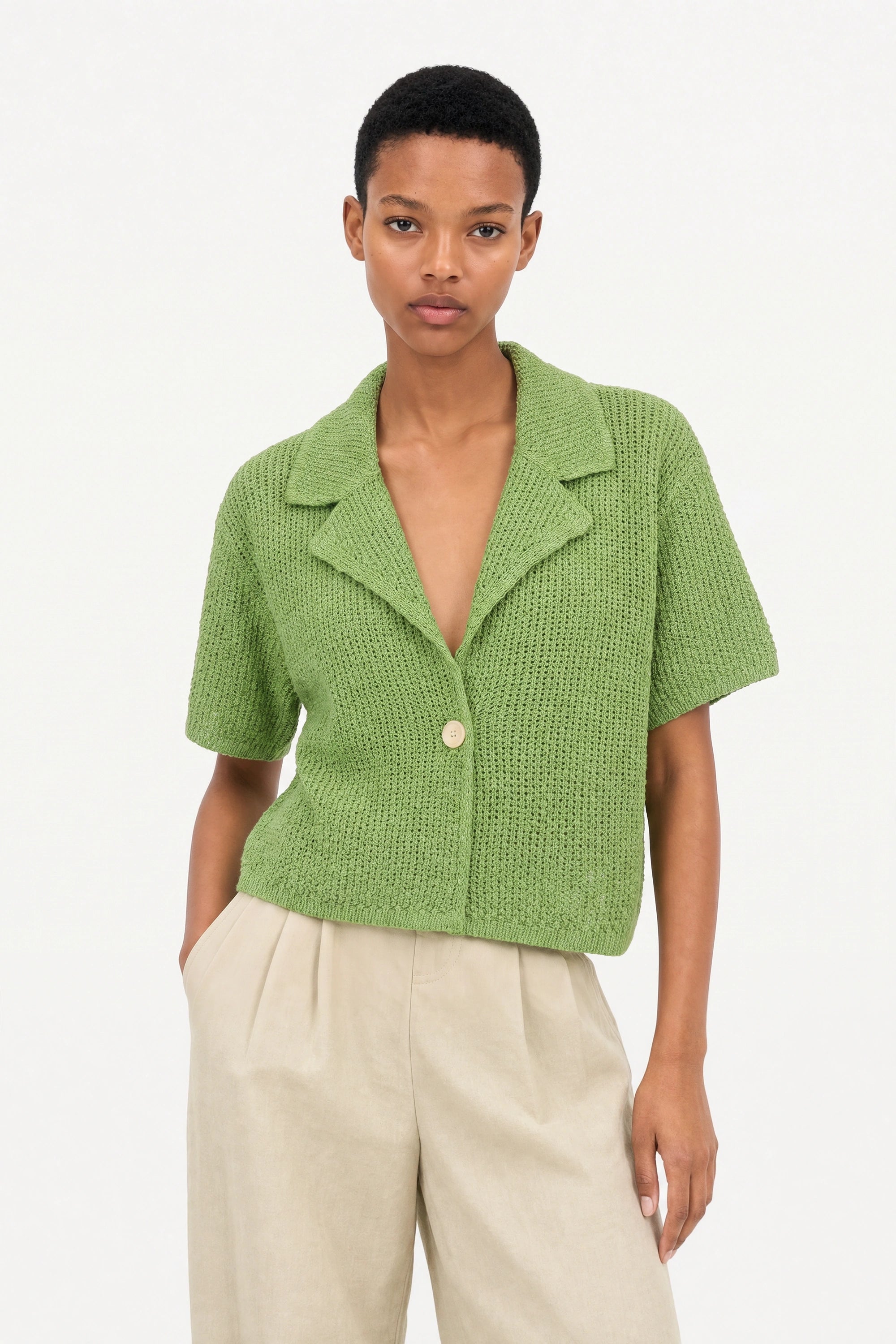 Bright green linen blend short sleeved cardigan_1