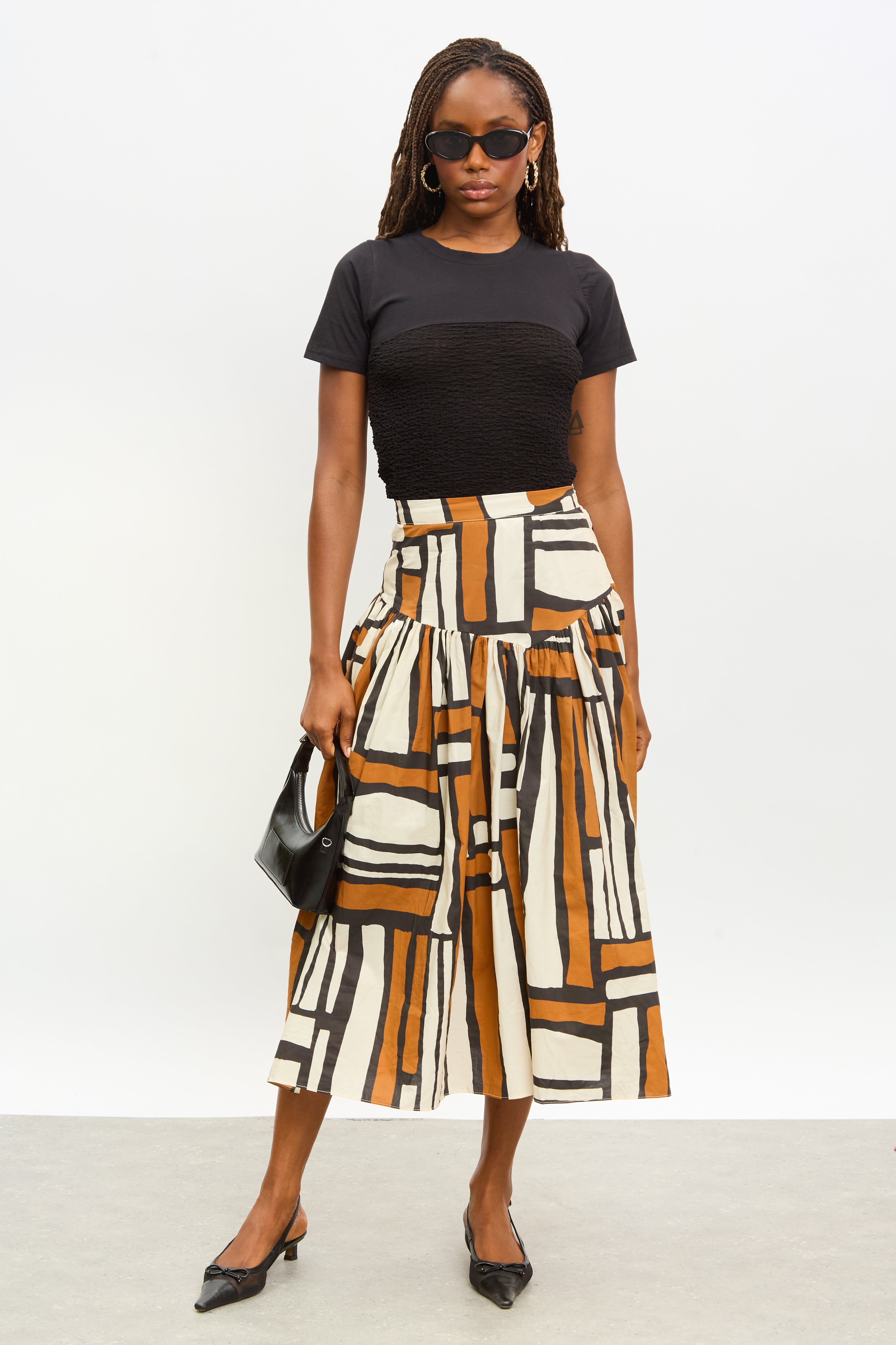 Brown abstract print drop waist skirt_4