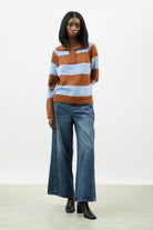 Brown and baby blue thick striped collared jumper_4