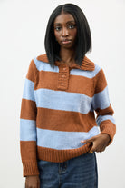 Brown and baby blue thick striped collared jumper_1