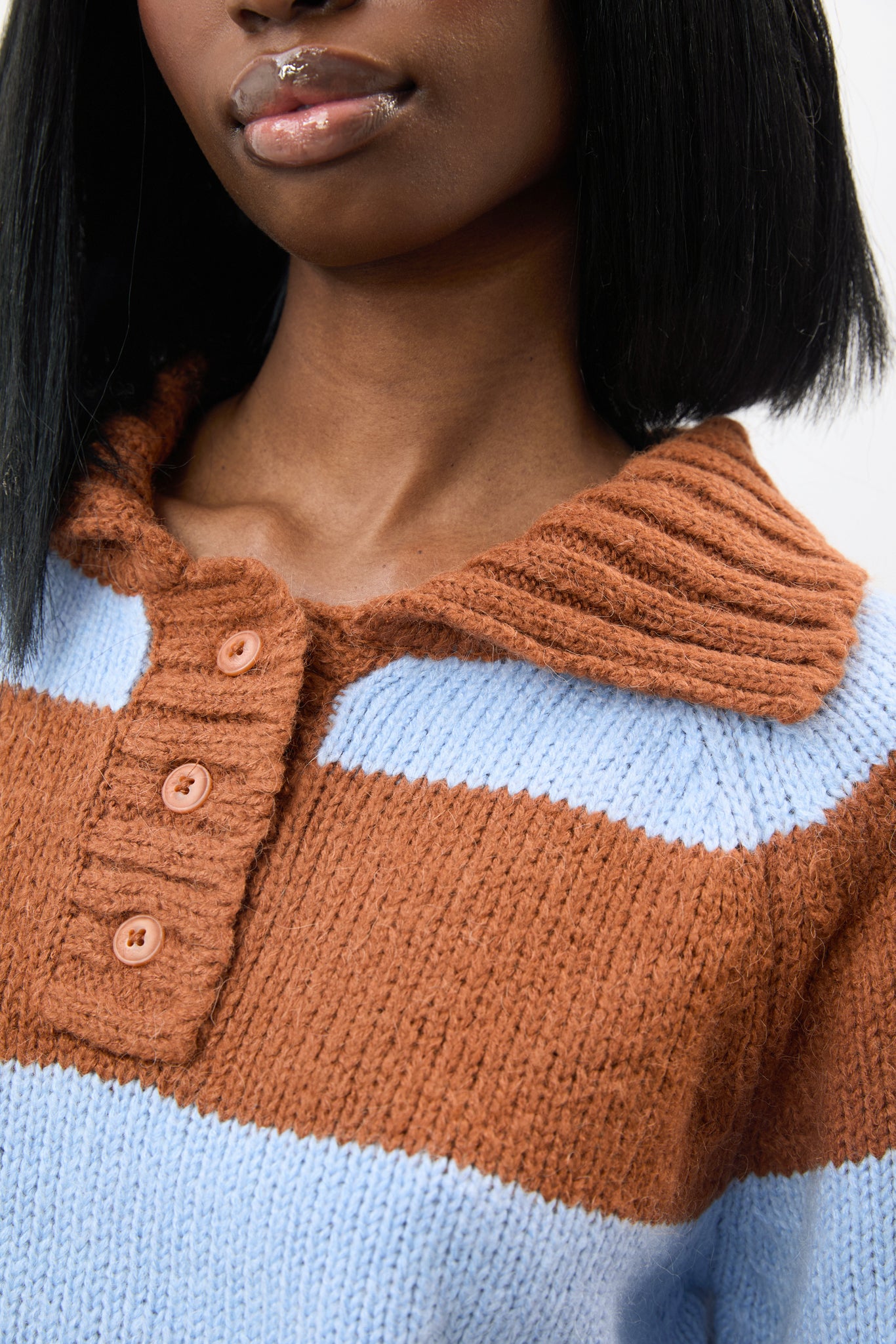 Brown and baby blue thick striped collared jumper_3