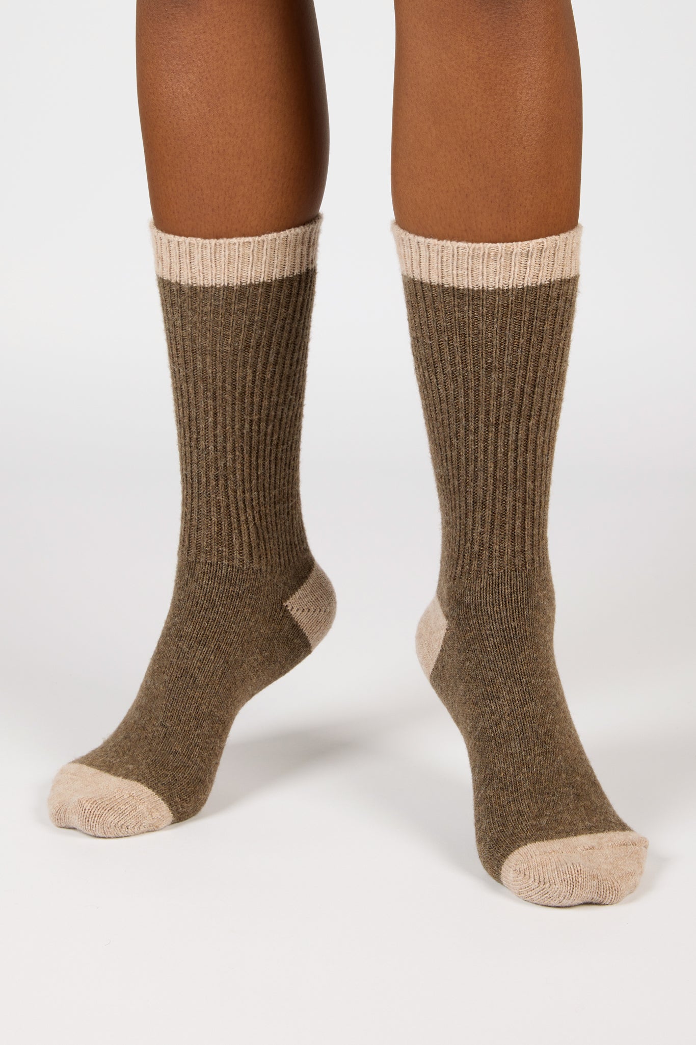 Brown and beige contrast trim cashmere blend socks_4