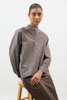 Brown and blue checked tie collar blouse_5