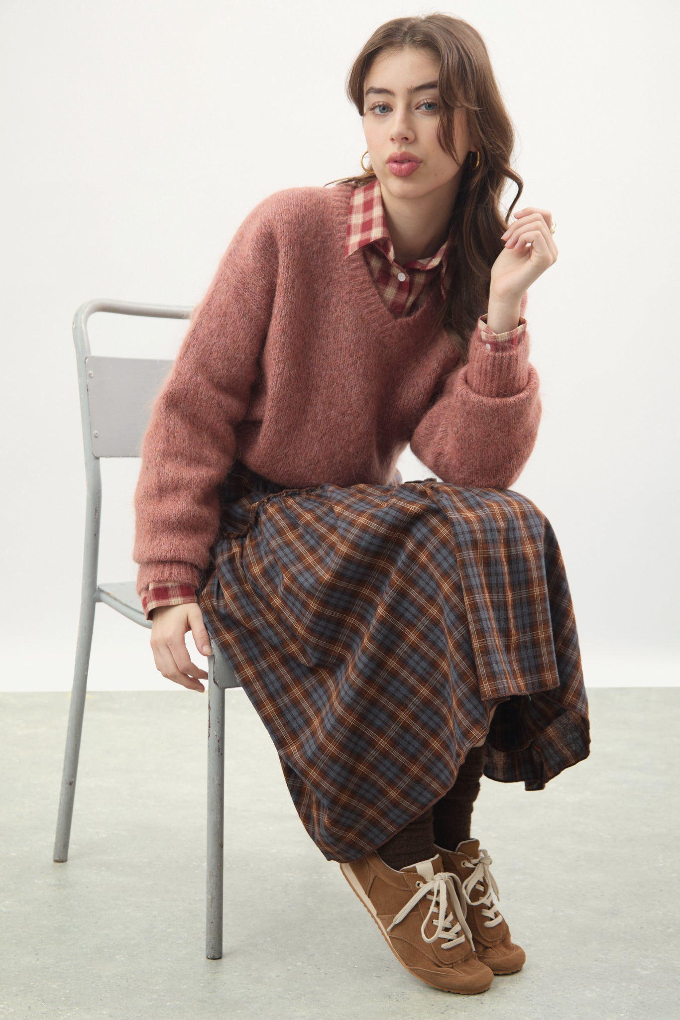 Brown and blue plaid diagonal tiered skirt_5