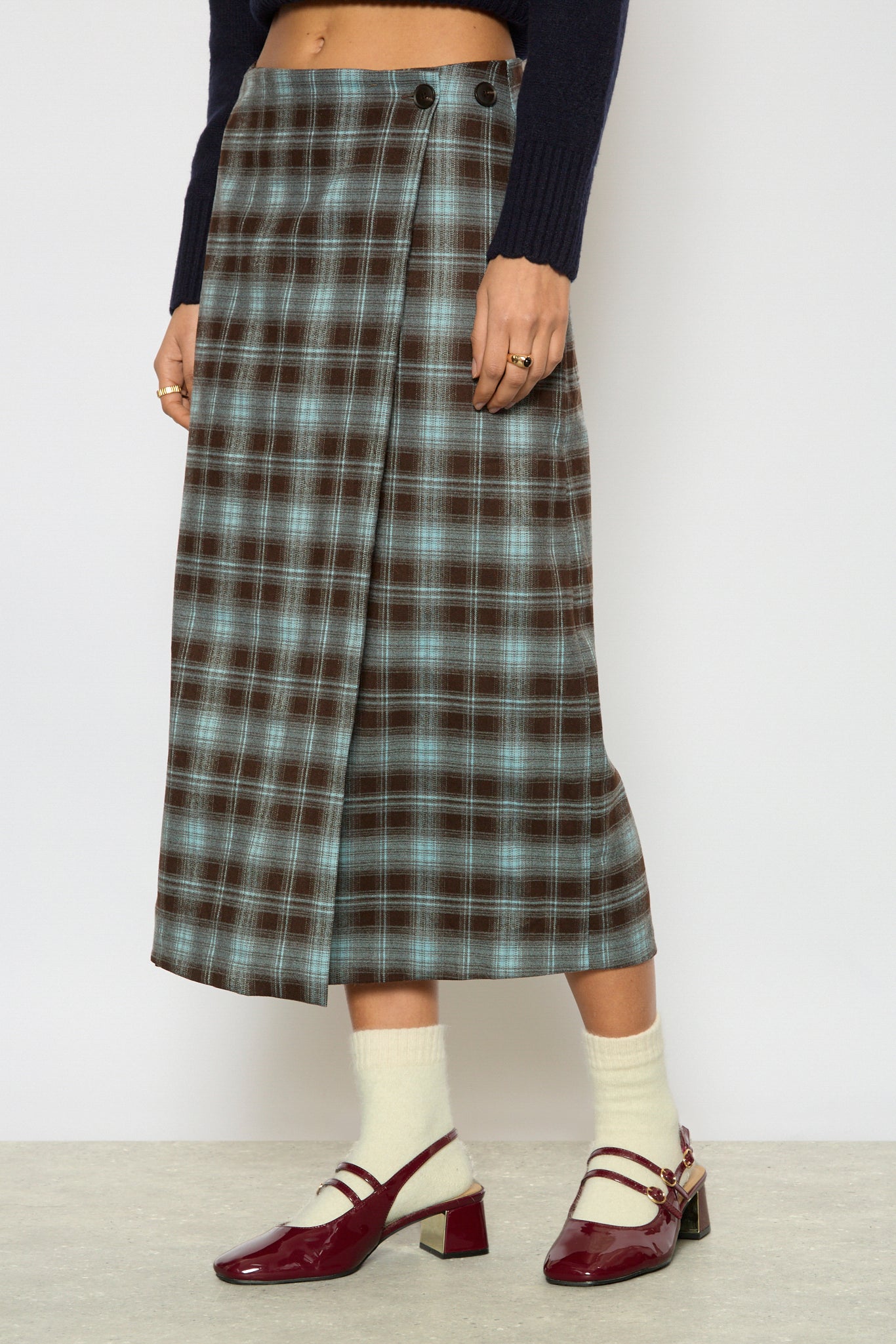 Brown and blue plaid wrap skirt