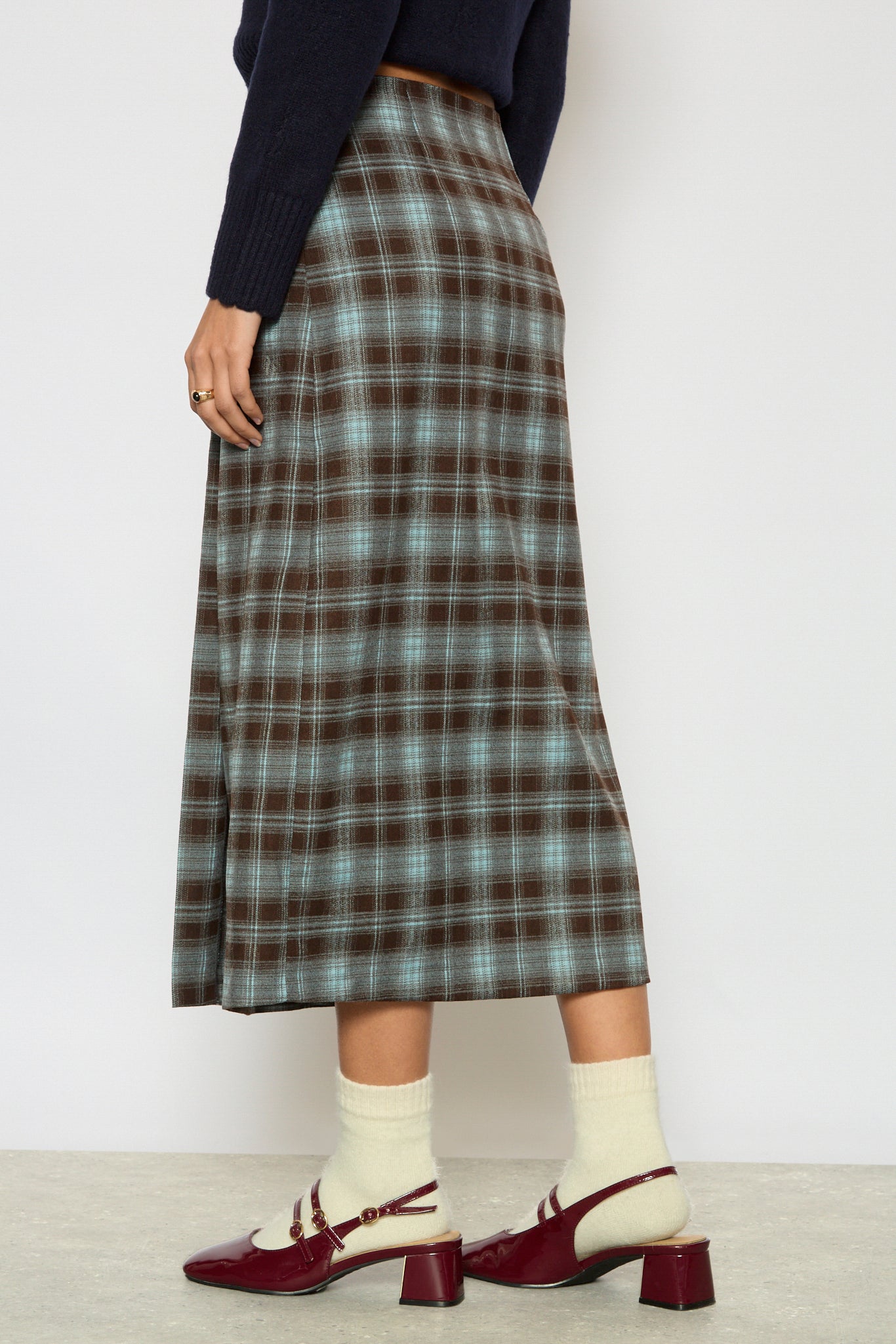 Brown and blue plaid wrap skirt